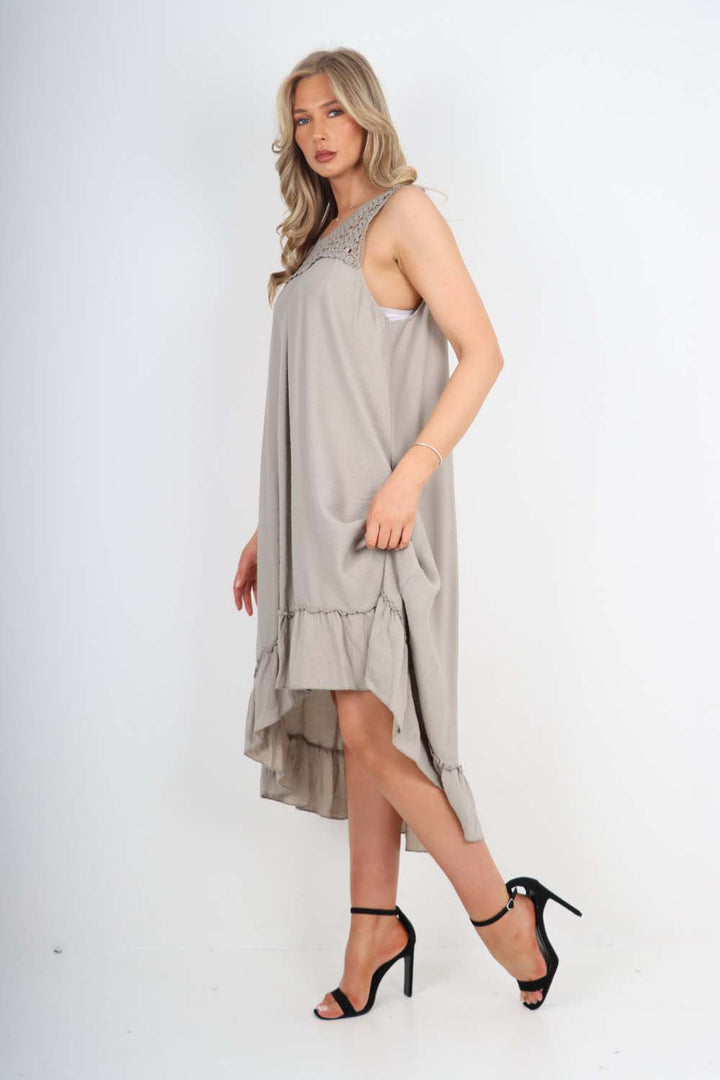 Italian Lace Neckline Dipped Hem Dress