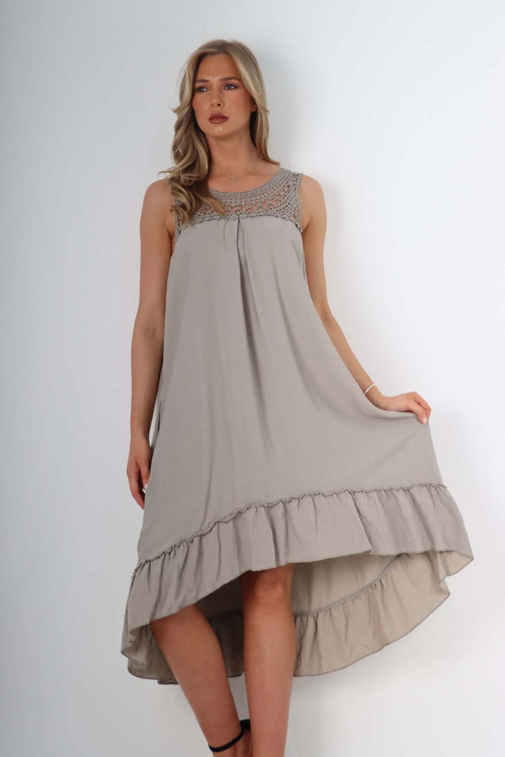 Italian Lace Neckline Dipped Hem Dress