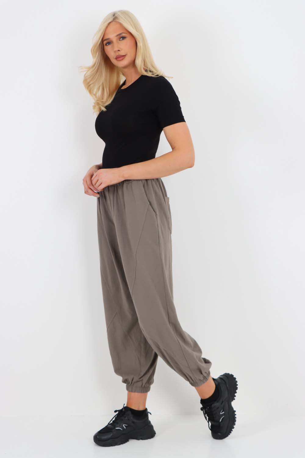 Italian Ruched Hem Cotton Trousers With Side Pockets