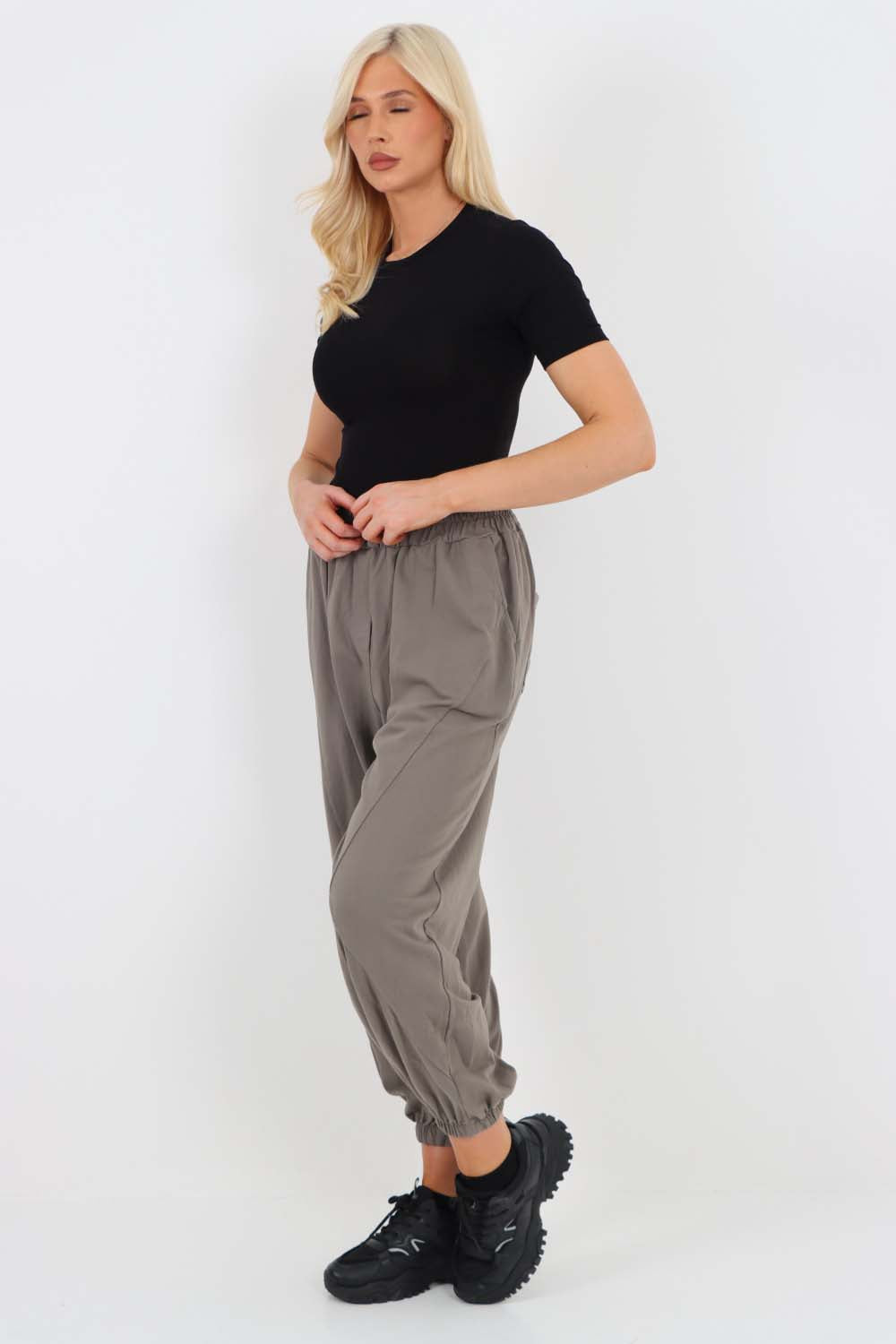 Italian Ruched Hem Cotton Trousers With Side Pockets