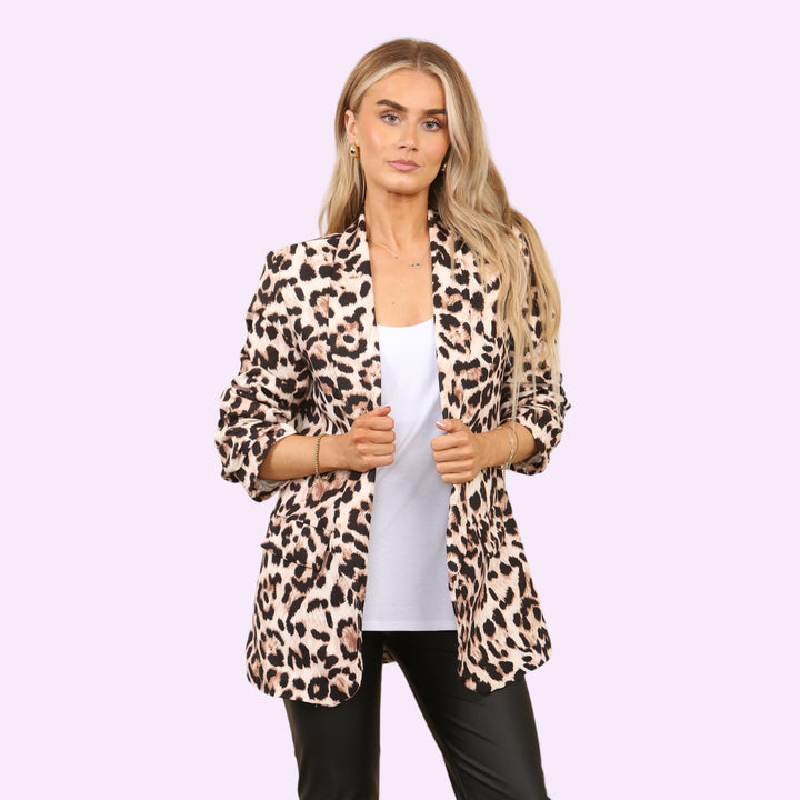 Leopard Print Blazer Open Front Pocket Jacket