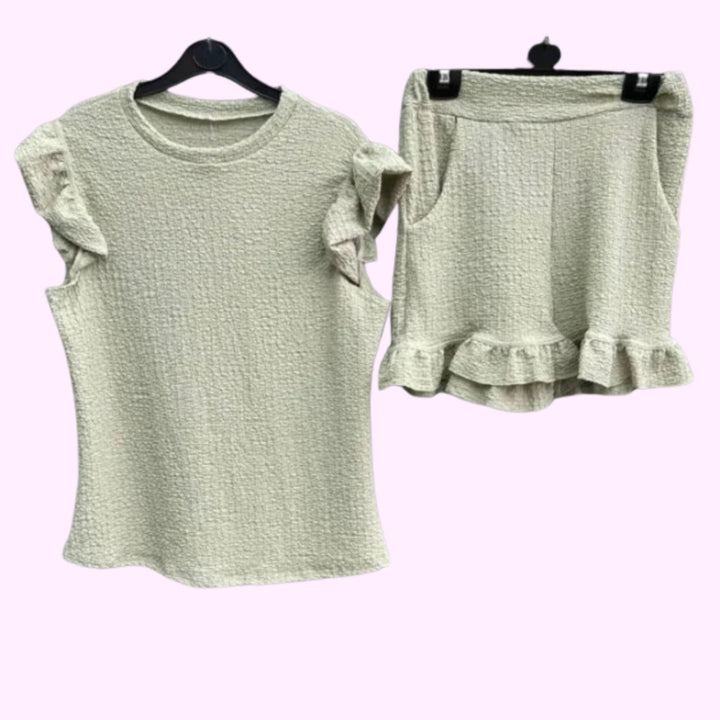 Italian Womens Ladies Frill Sleeve 2 Pcs Short Set