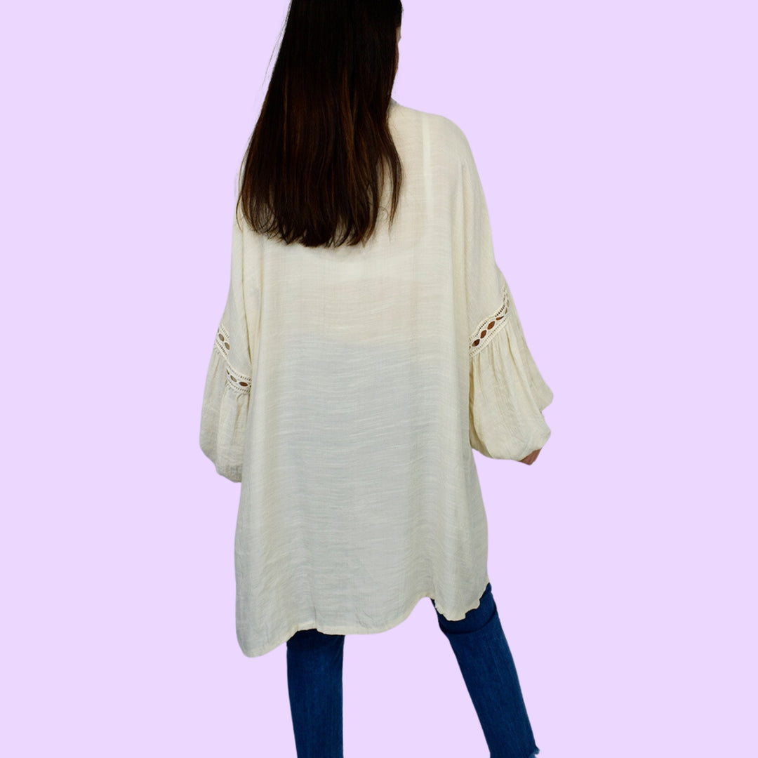 Puff Sleeve Crochet Trim Oversized Shirt