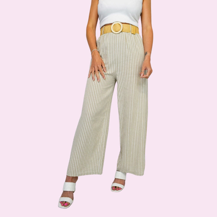 Stripe Print Linen Belt Trouser