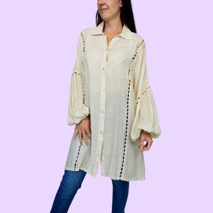 Puff Sleeve Crochet Trim Oversized Shirt