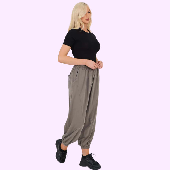 Italian Ruched Hem Cotton Trousers With Side Pockets