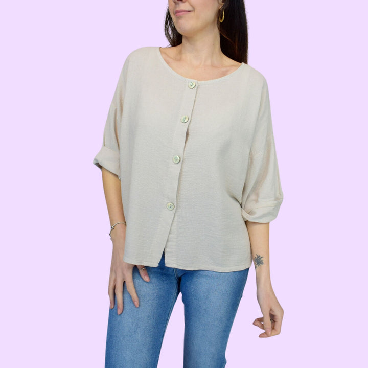 Button Front Hopsack Cotton Top