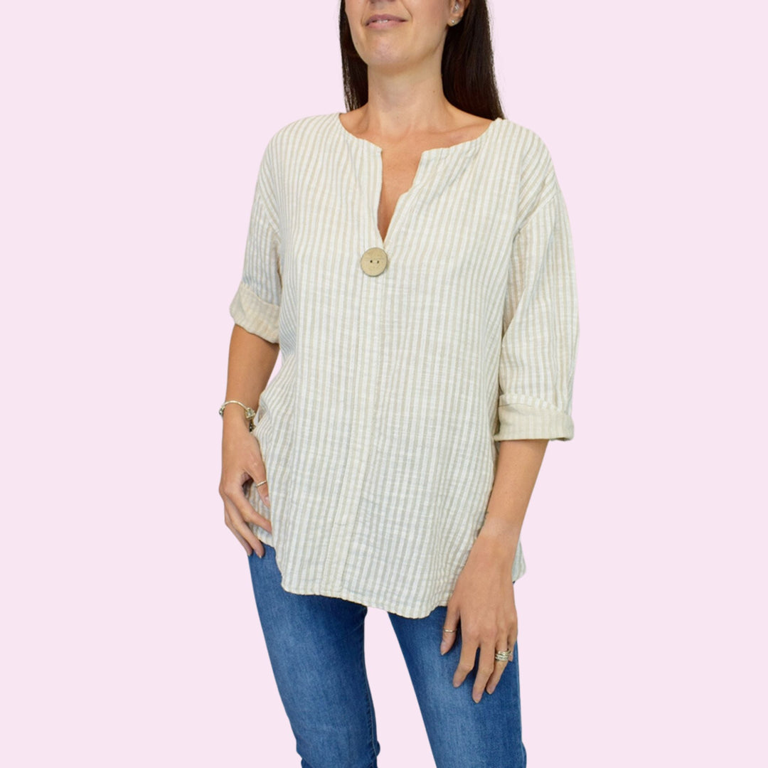 Wooden Button Stripe Italian Cotton Top