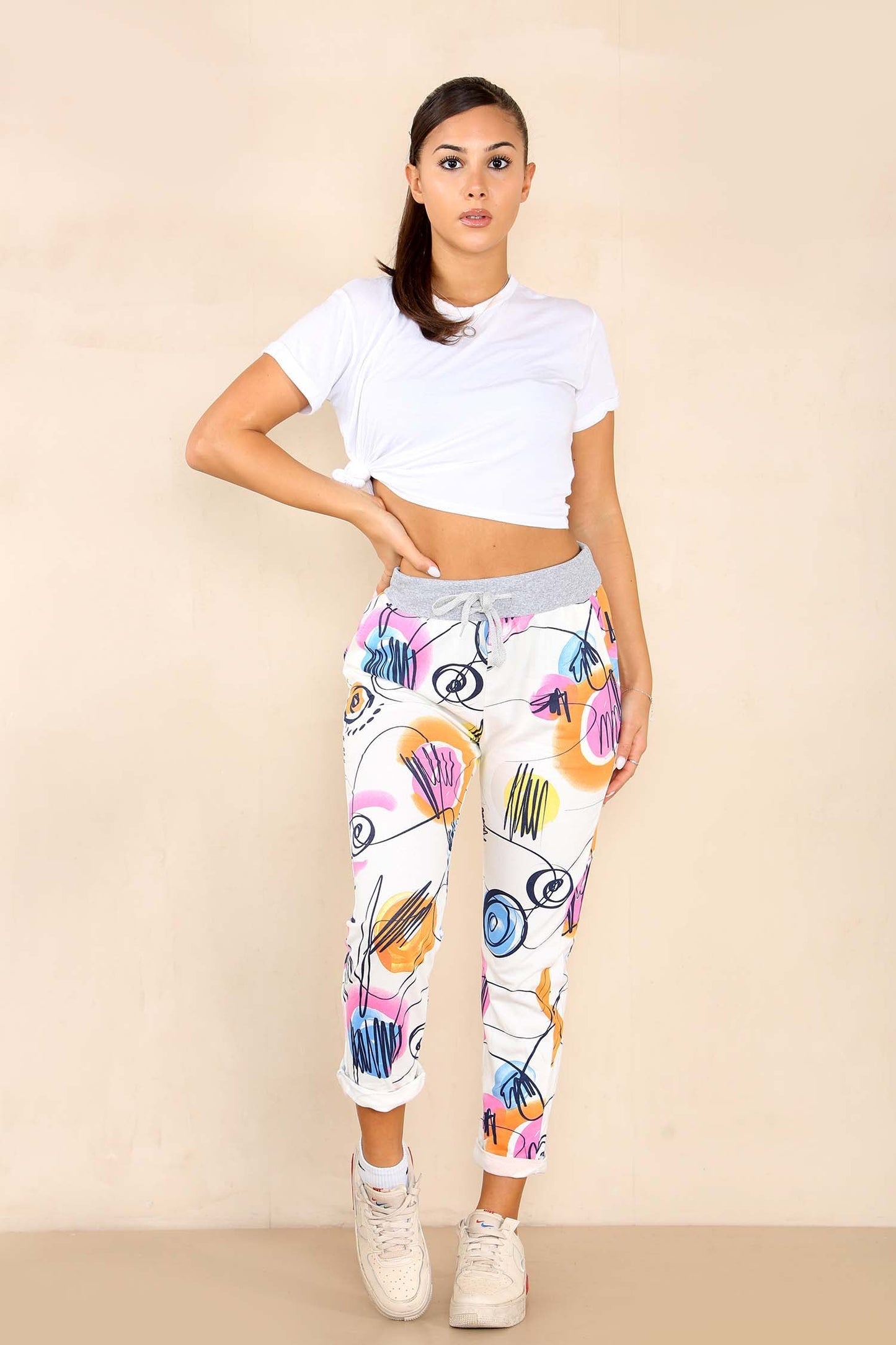 Italian Abstract Paint Print Drawstring Cotton Joggers