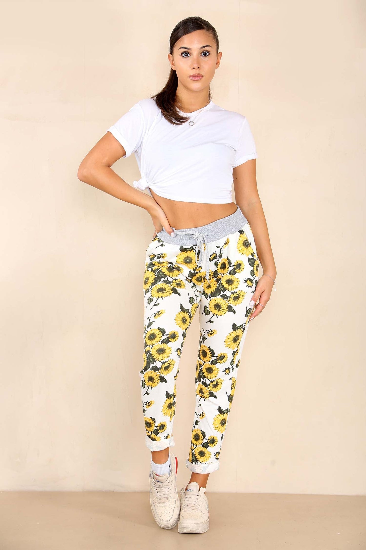 Italian Sunflower Print Drawstring Cotton Joggers