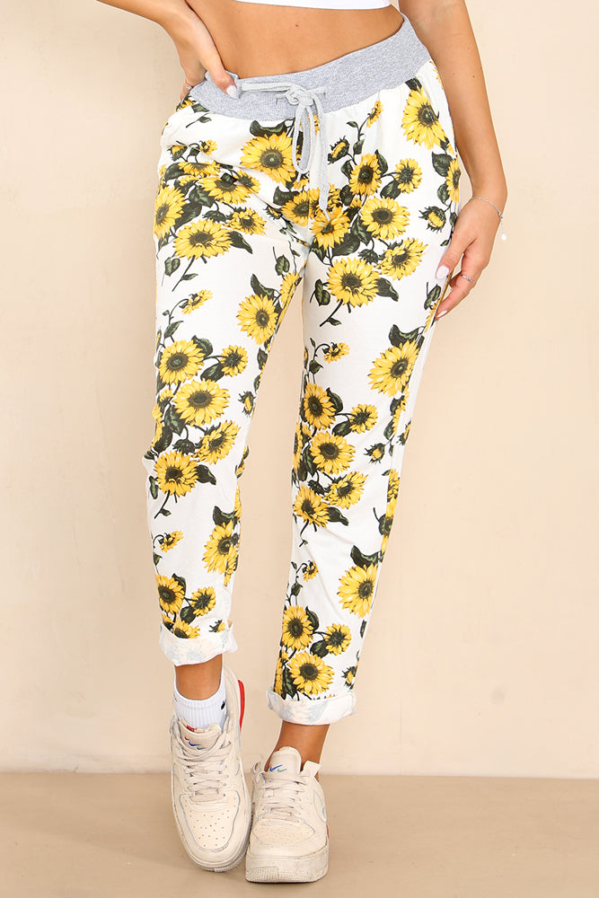 Italian Sunflower Print Drawstring Cotton Joggers