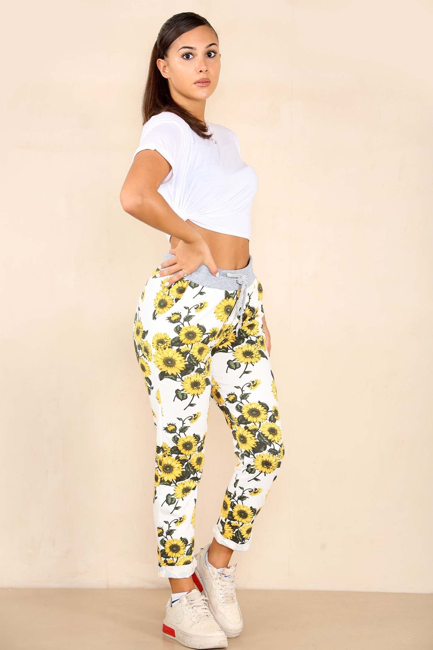 Italian Sunflower Print Drawstring Cotton Joggers