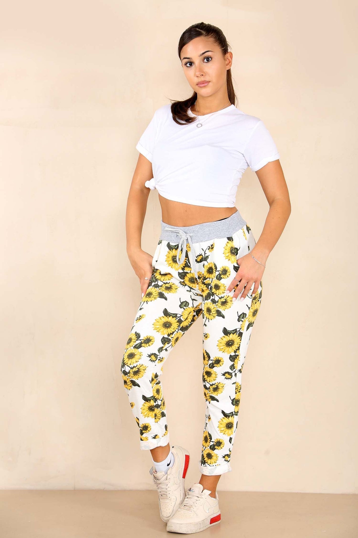 Italian Sunflower Print Drawstring Cotton Joggers