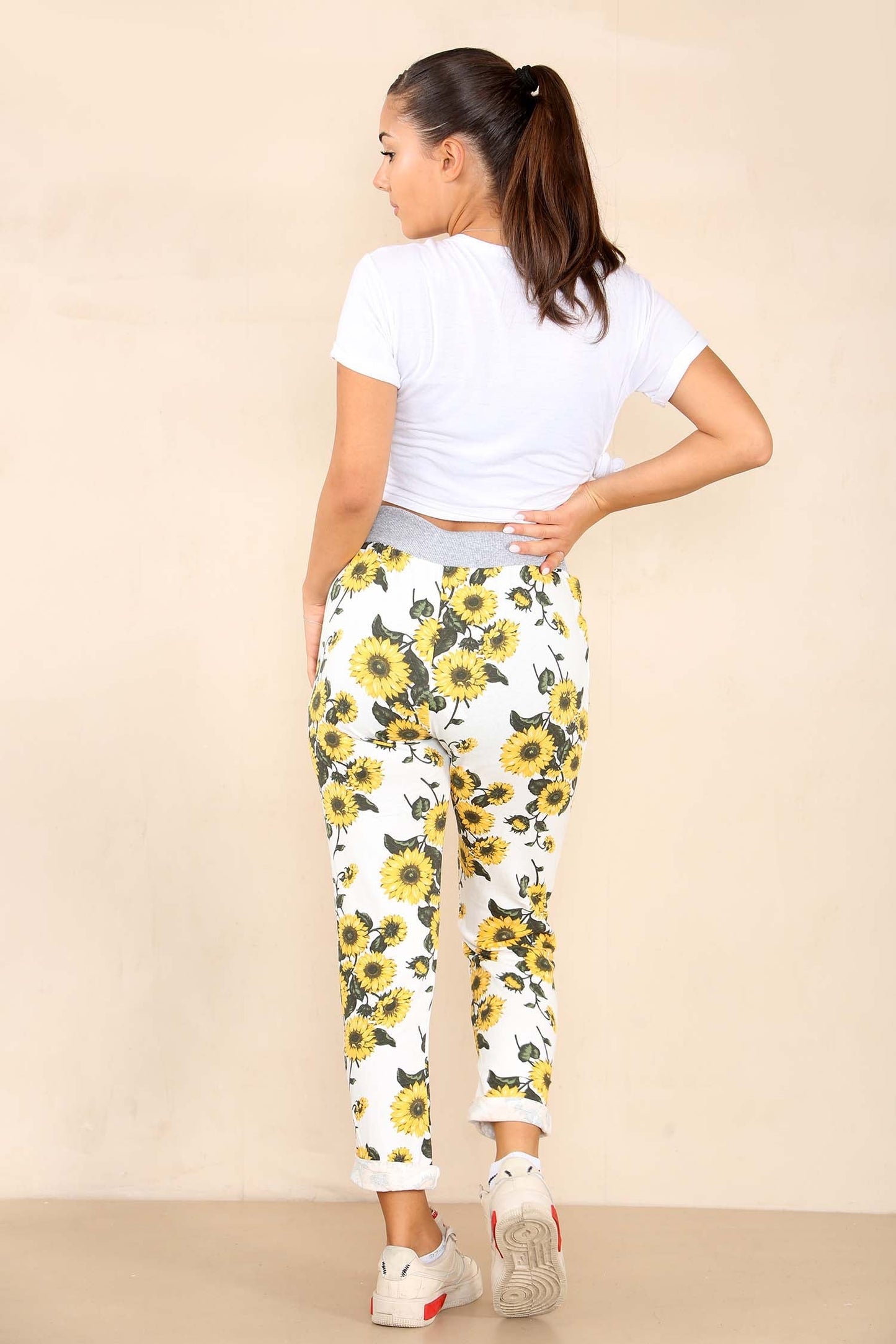 Italian Sunflower Print Drawstring Cotton Joggers