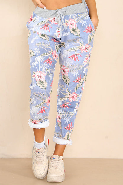 Italian Palm Tree Print Drawstring Cotton Joggers