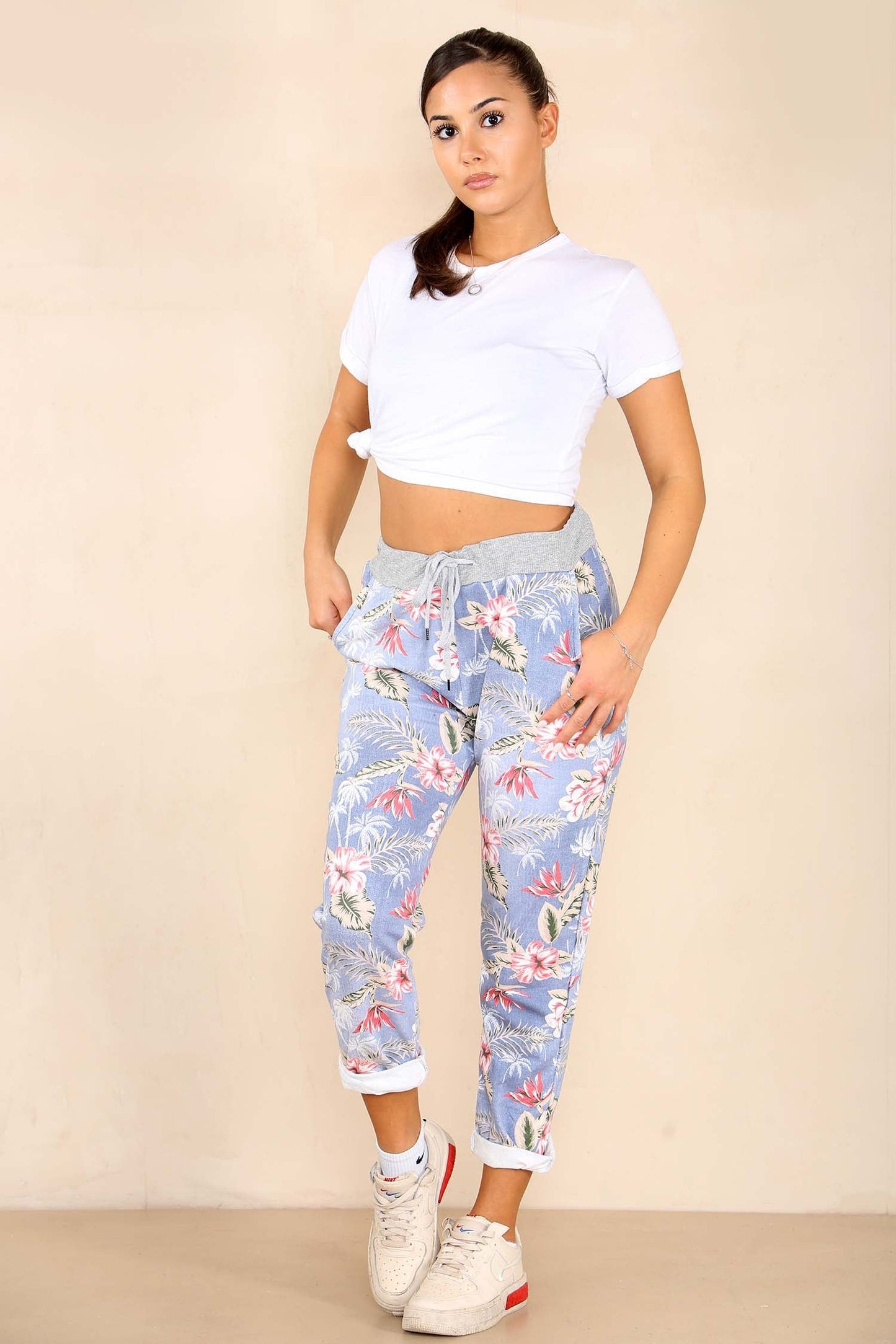 Italian Palm Tree Print Drawstring Cotton Joggers
