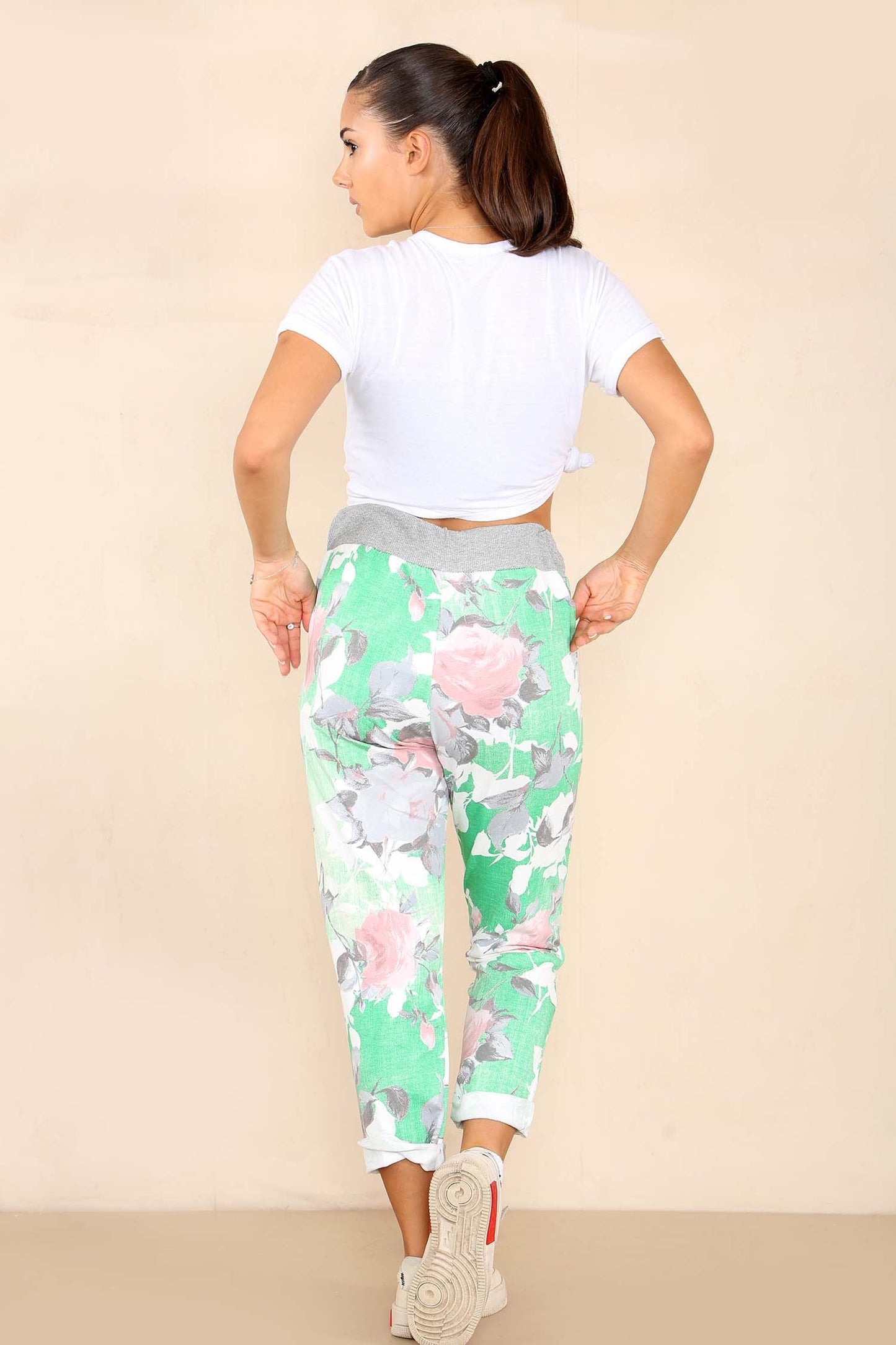 Italian Rose Flower Print Drawstring Cotton Joggers