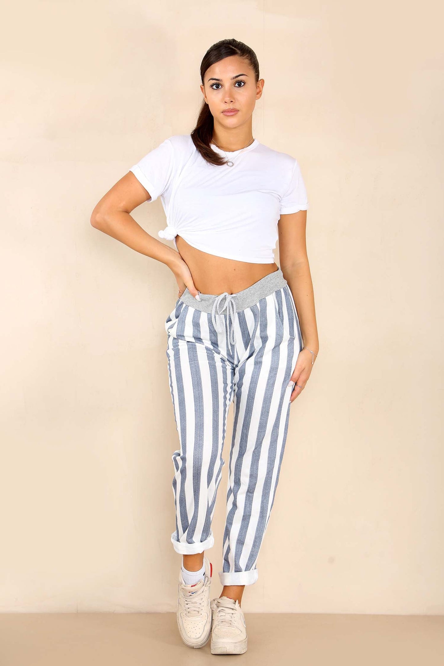 Italian Striped Print Drawstring Cotton Joggers
