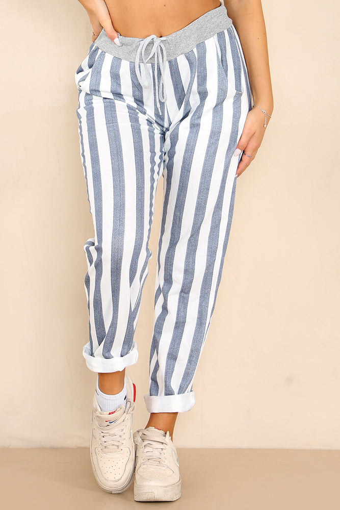 Italian Striped Print Drawstring Cotton Joggers
