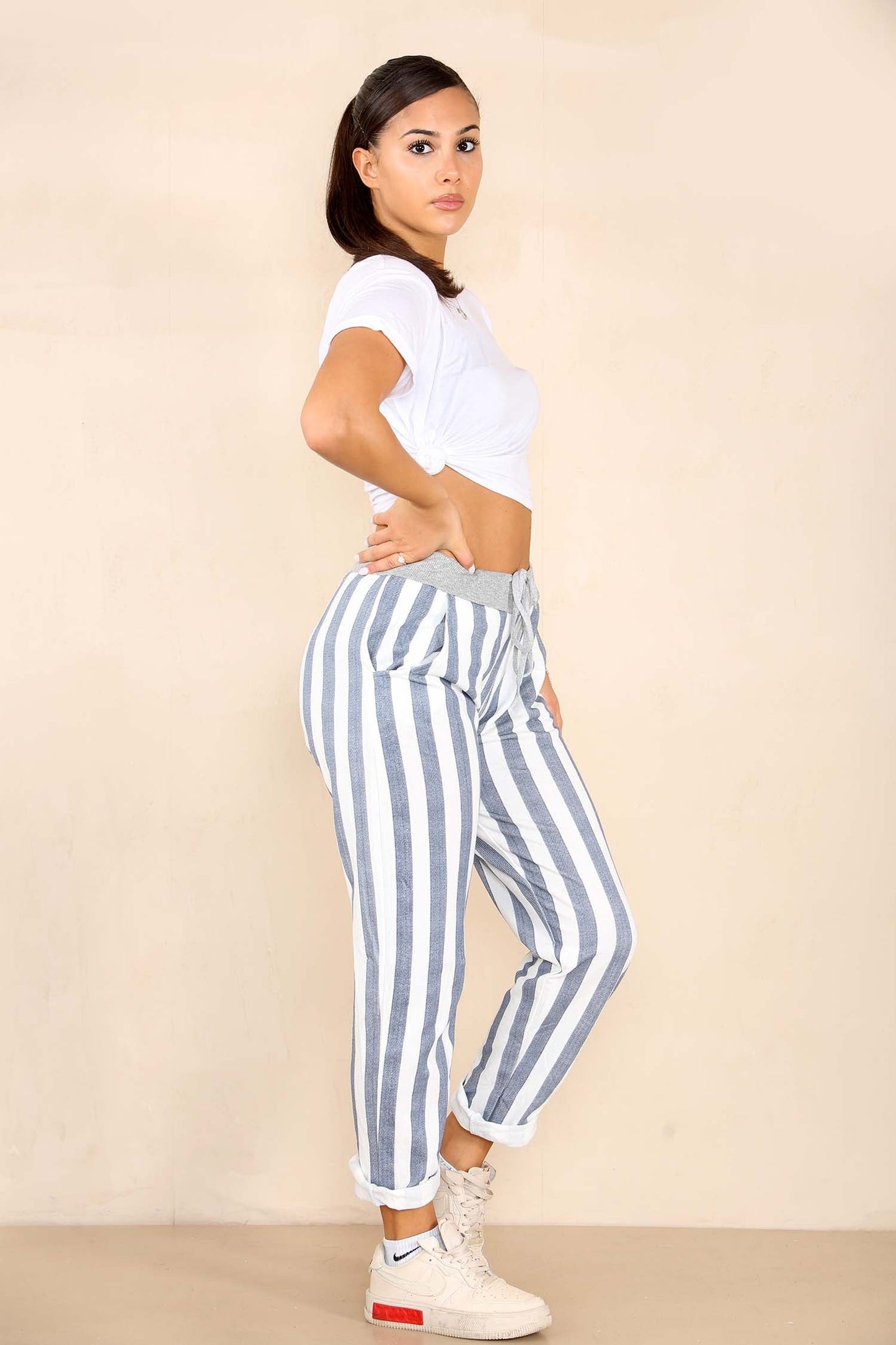 Italian Striped Print Drawstring Cotton Joggers