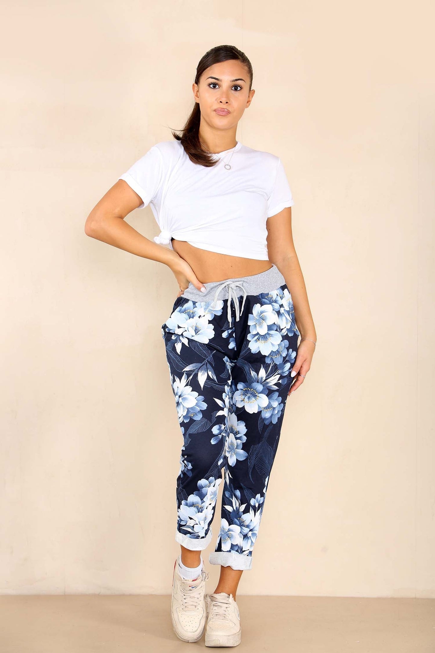 Italian Lily Print Drawstring Cotton Joggers