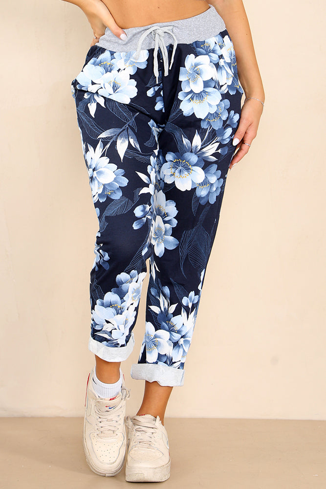 Italian Lily Print Drawstring Cotton Joggers