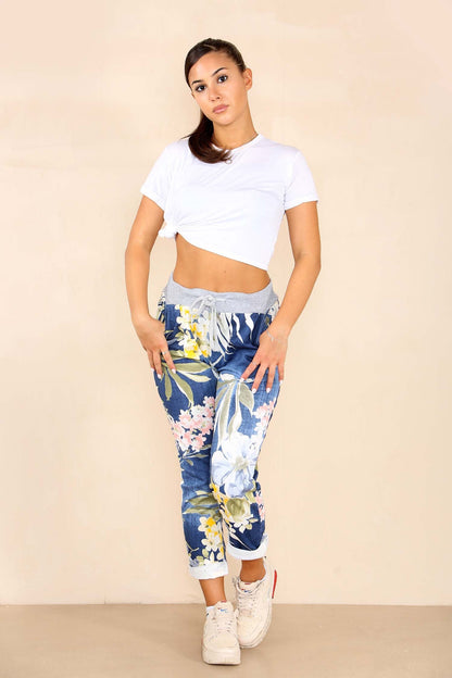 Italian Floral Print Drawstring Cotton Joggers