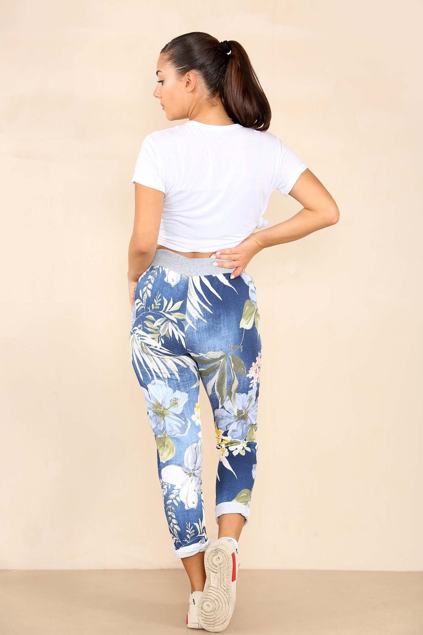 Italian Floral Print Drawstring Cotton Joggers