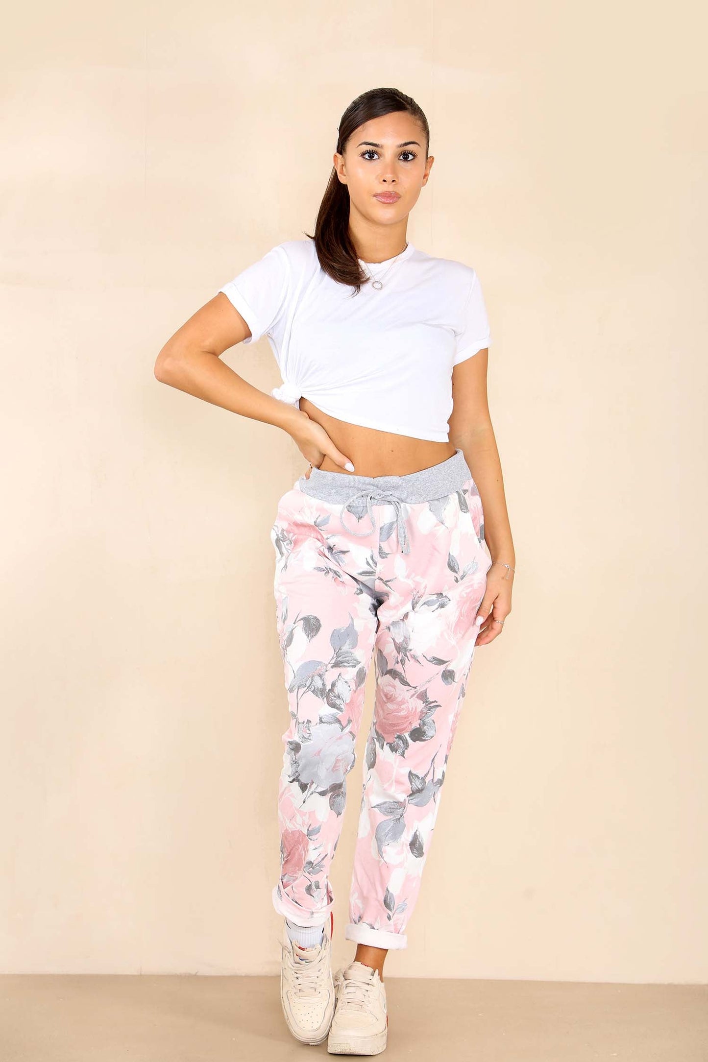 Italian Rose Flower Print Drawstring Cotton Joggers