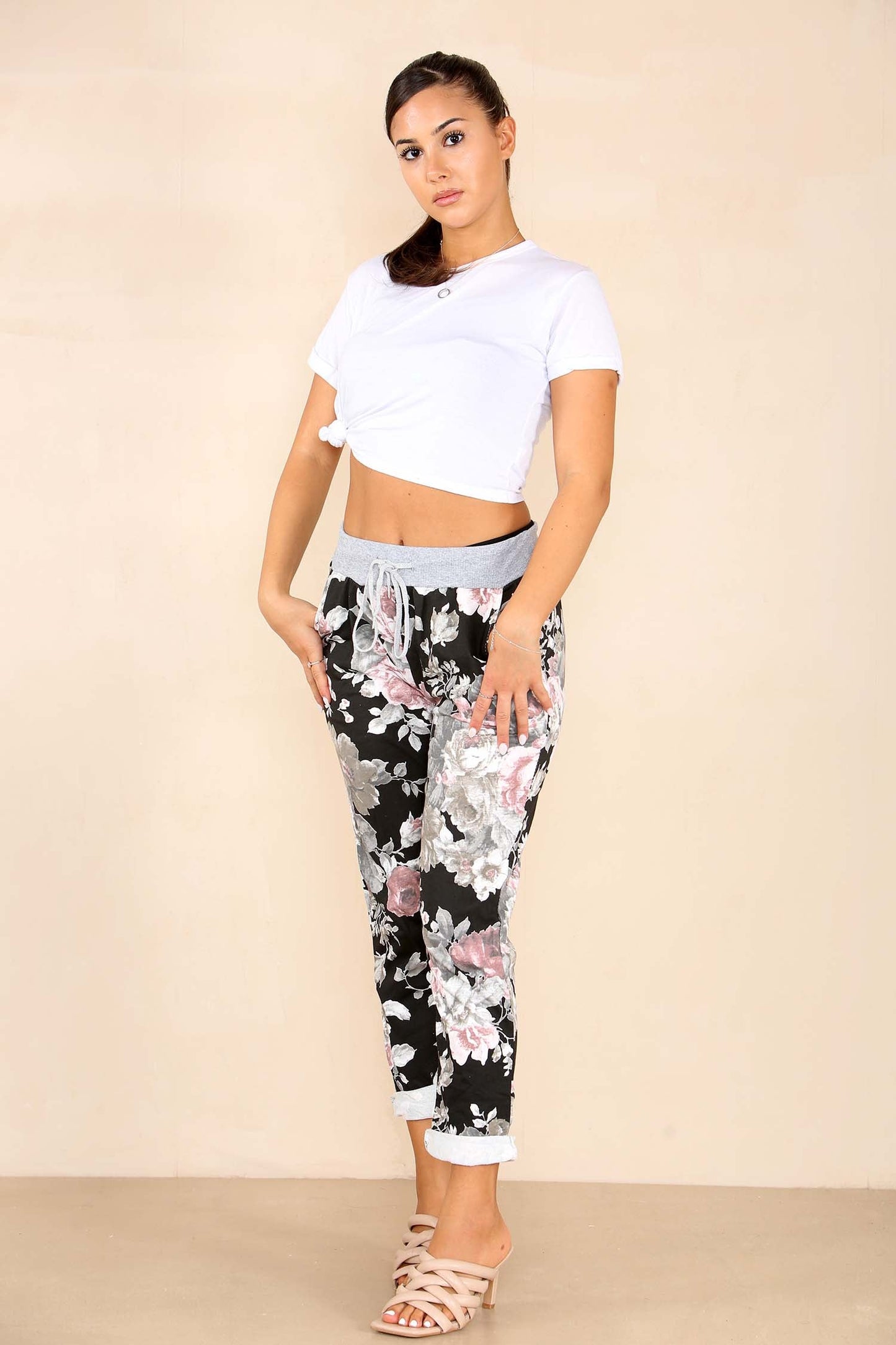Italian Floral Print Drawstring Cotton Joggers