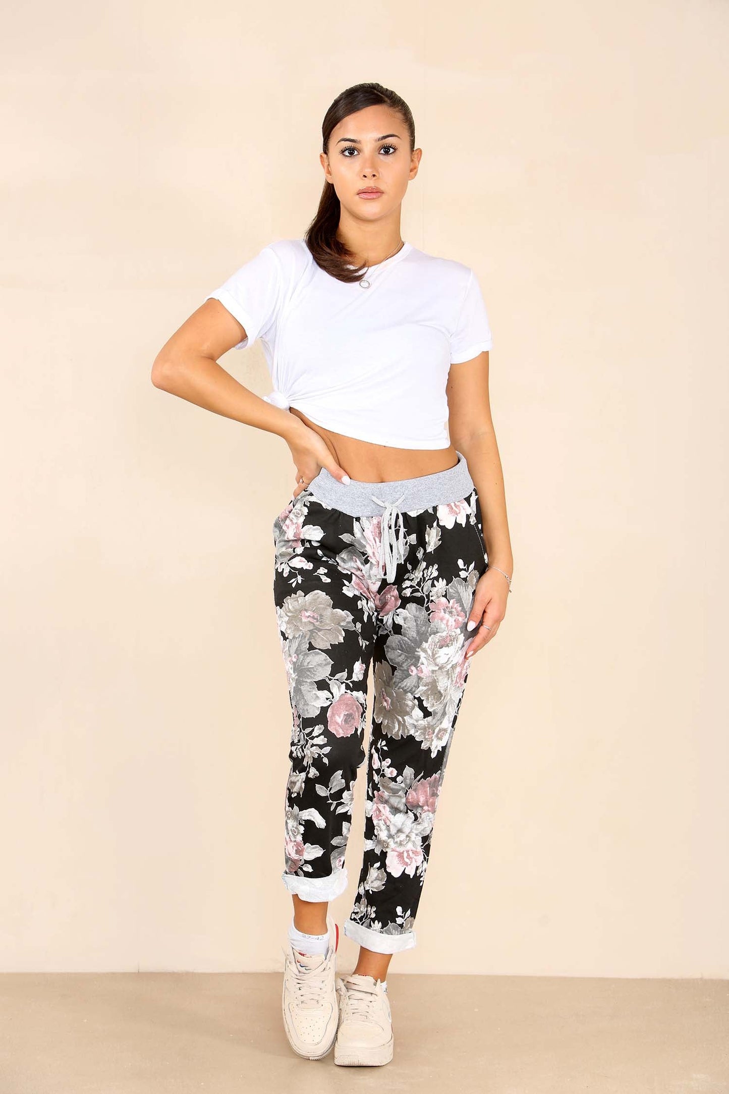 Italian Floral Print Drawstring Cotton Joggers