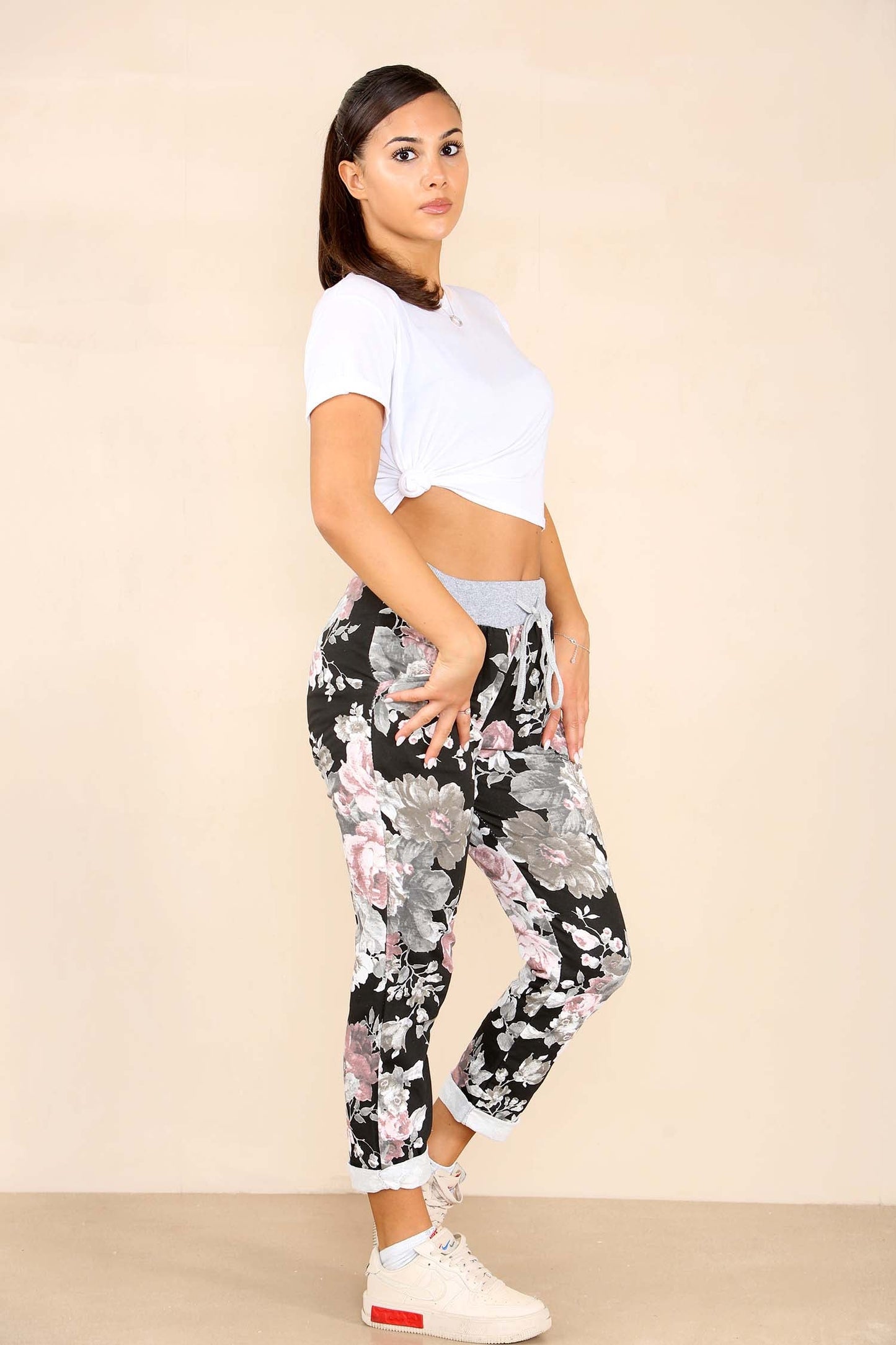 Italian Floral Print Drawstring Cotton Joggers
