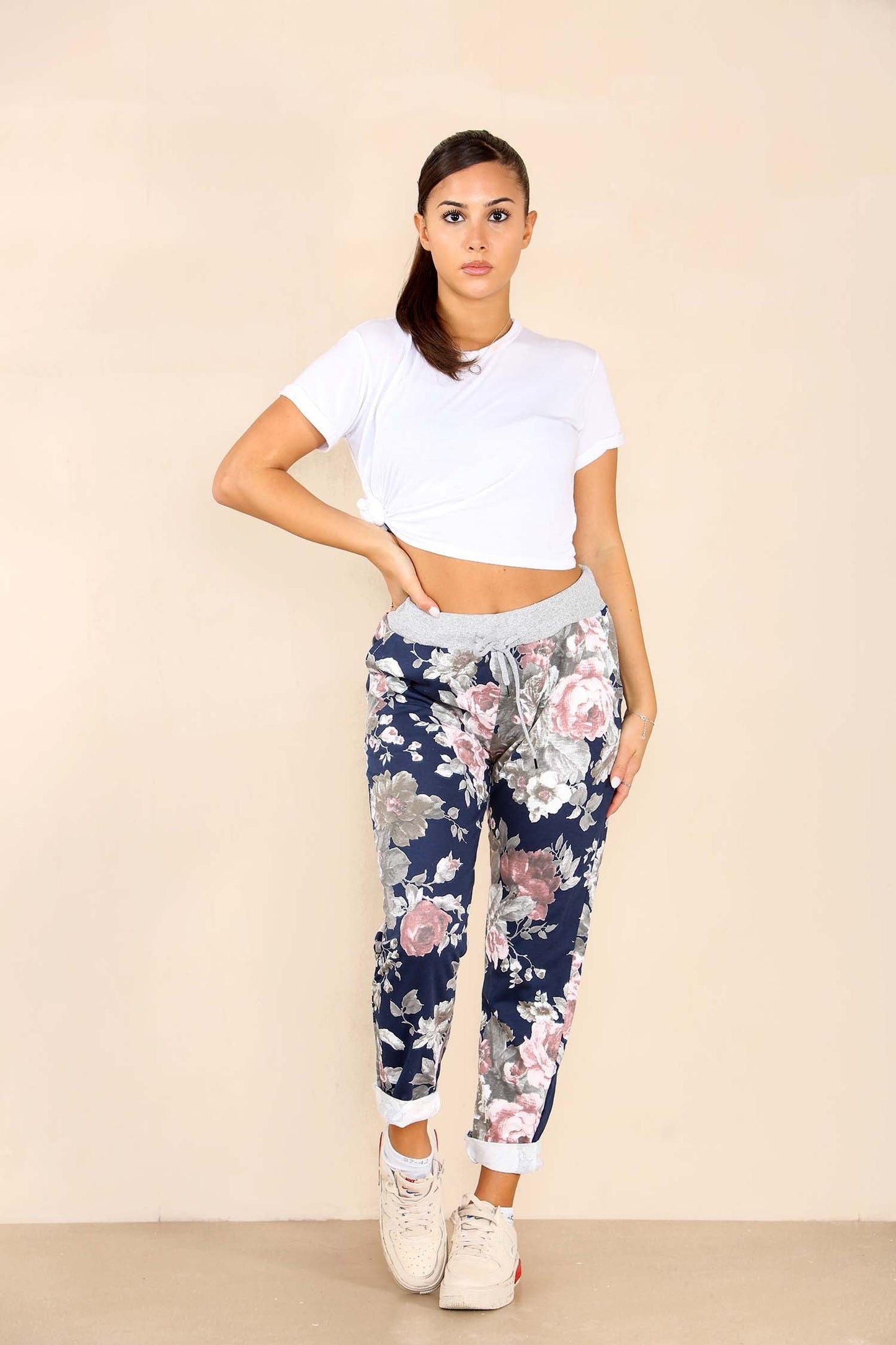 Italian Floral Print Drawstring Cotton Joggers