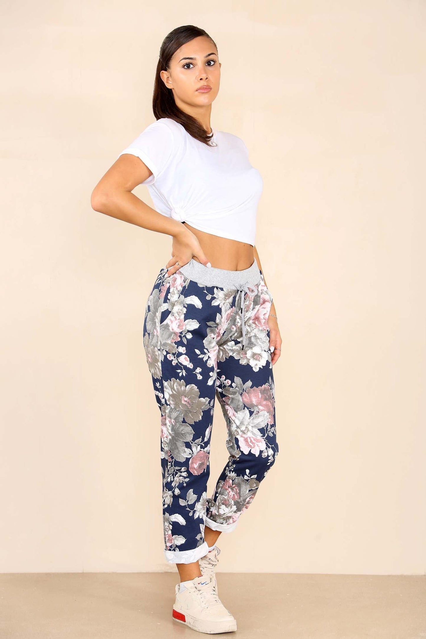 Italian Floral Print Drawstring Cotton Joggers