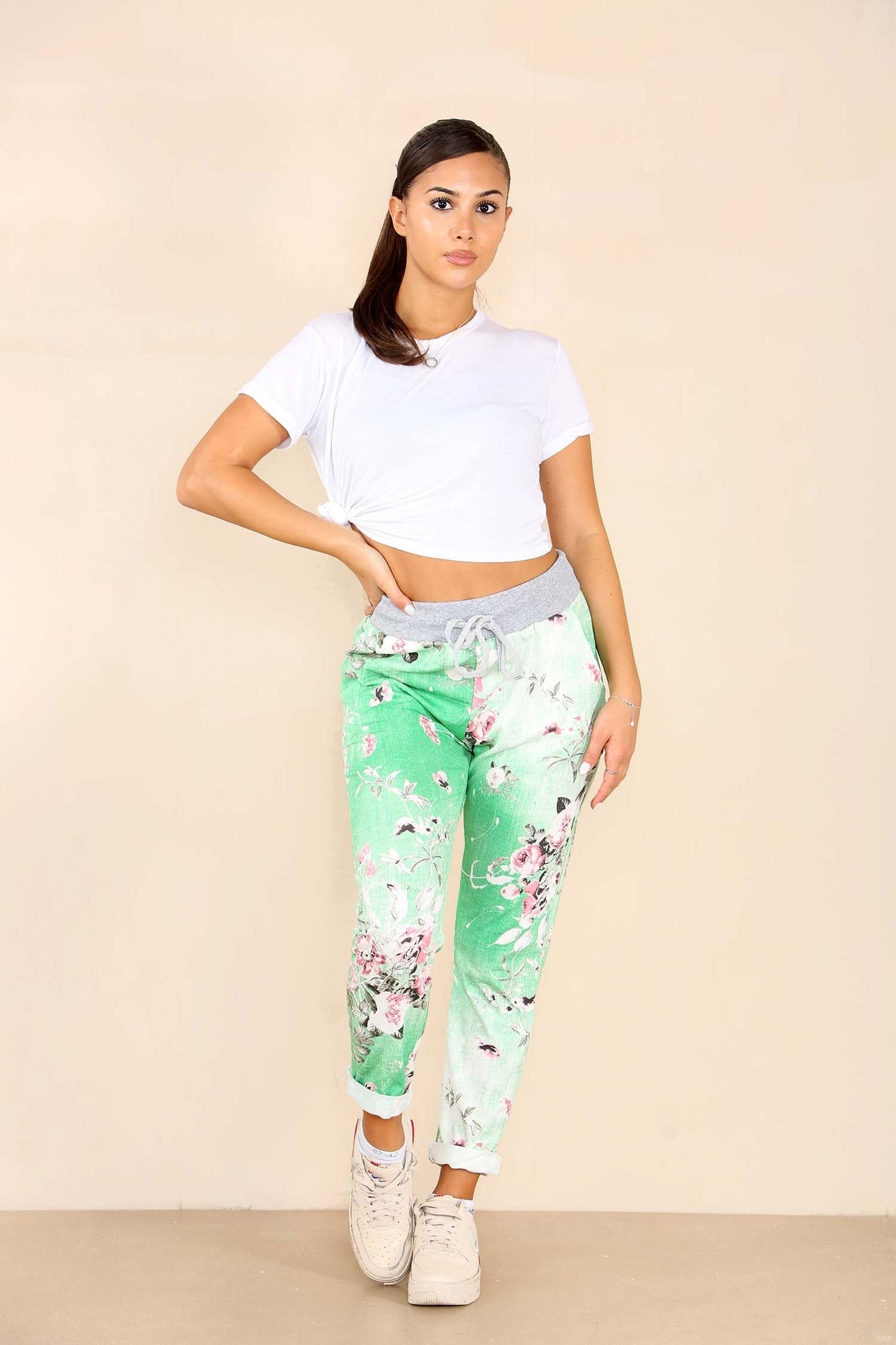 Italian Floral Print Drawstring Cotton Joggers