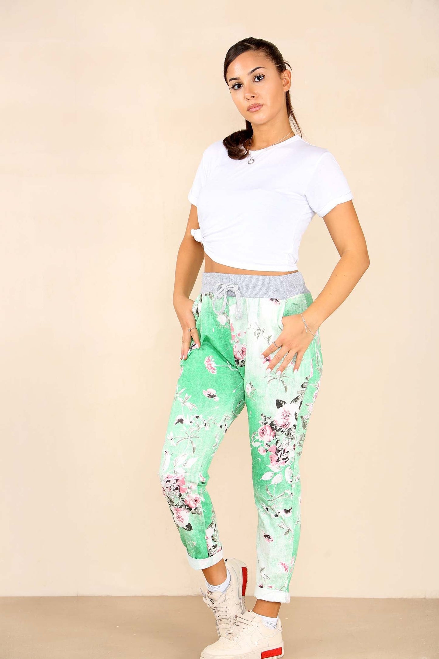 Italian Floral Print Drawstring Cotton Joggers