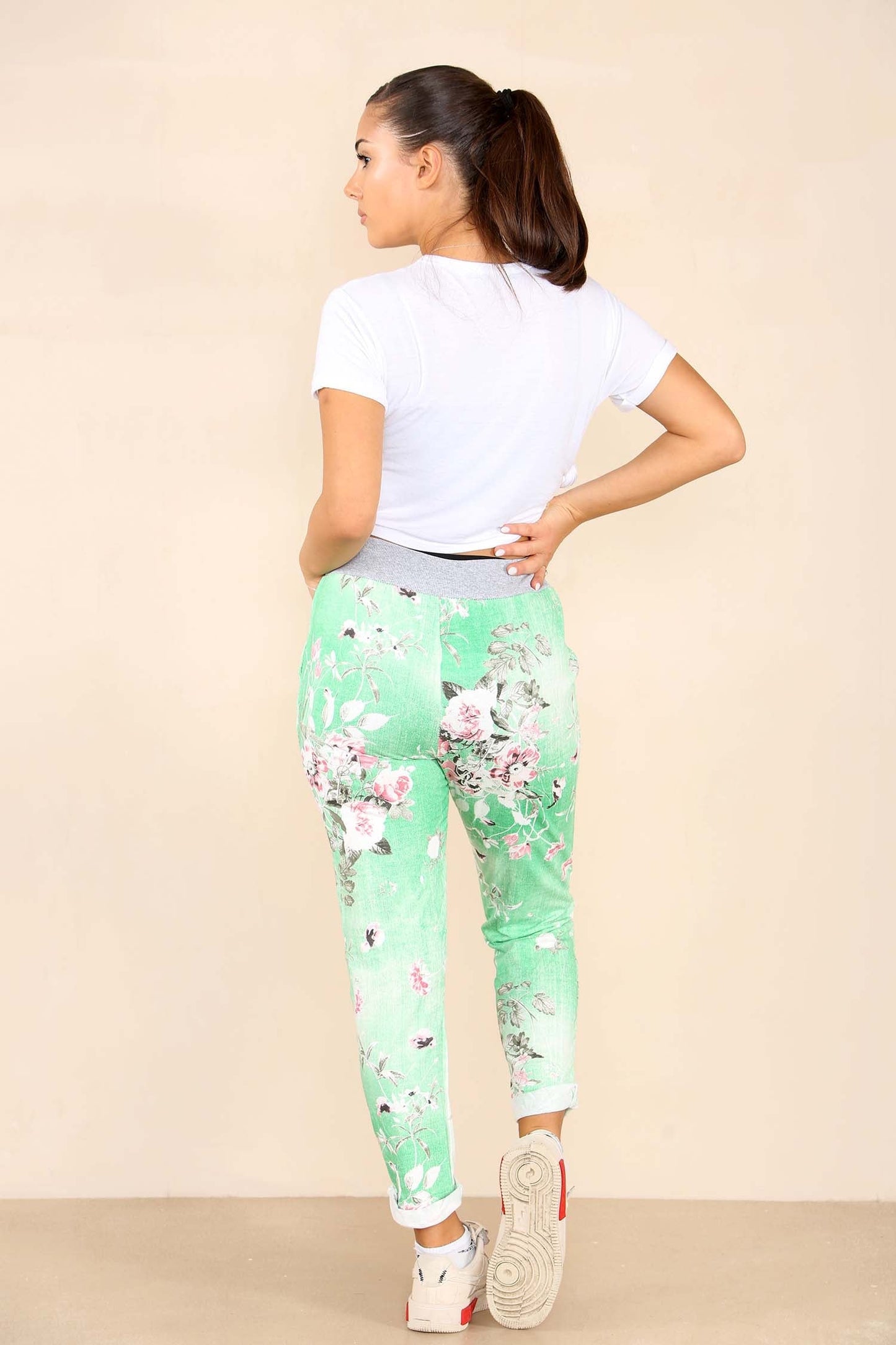 Italian Floral Print Drawstring Cotton Joggers