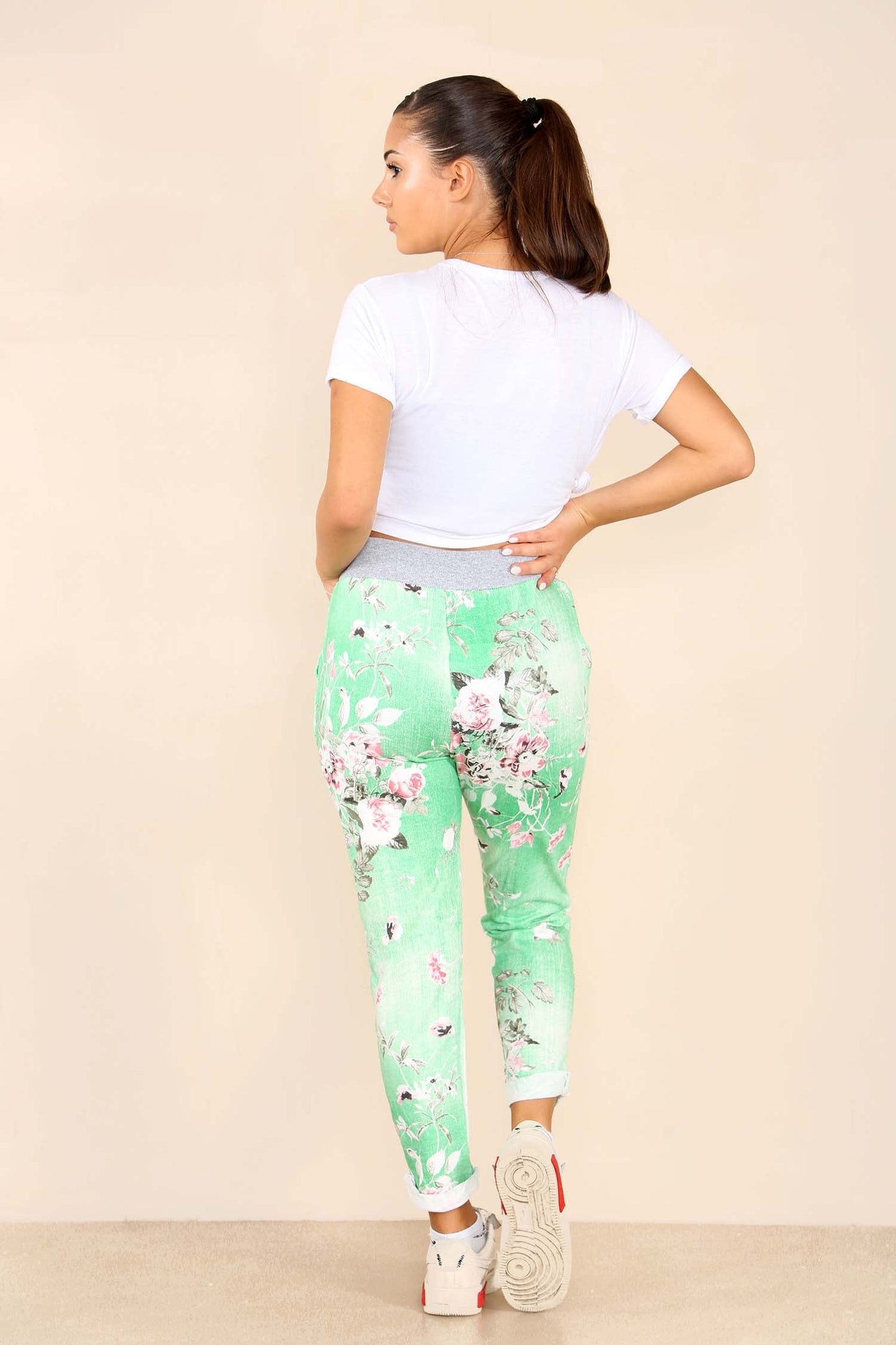 Italian Floral Print Drawstring Cotton Joggers