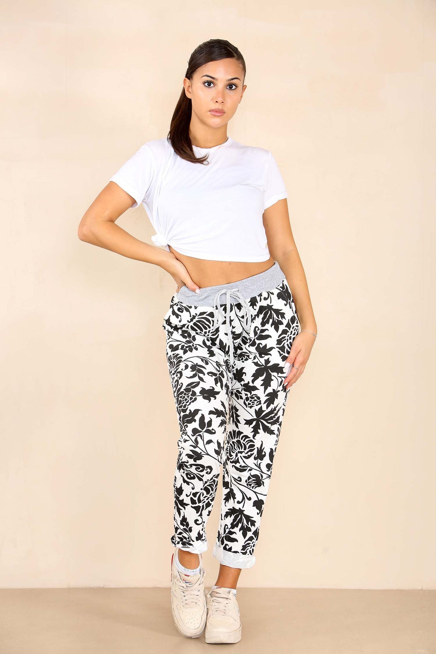 Italian Leaf Print Drawstring Cotton Joggers