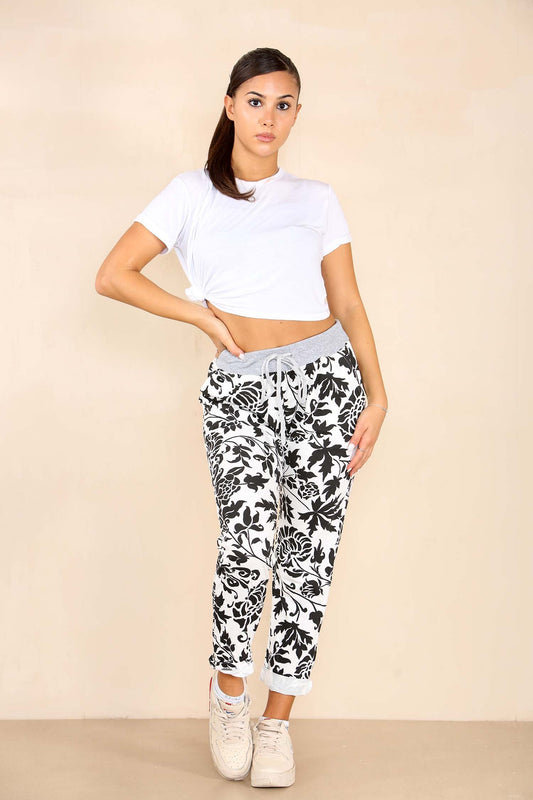 Italian Leaf Print Drawstring Cotton Joggers