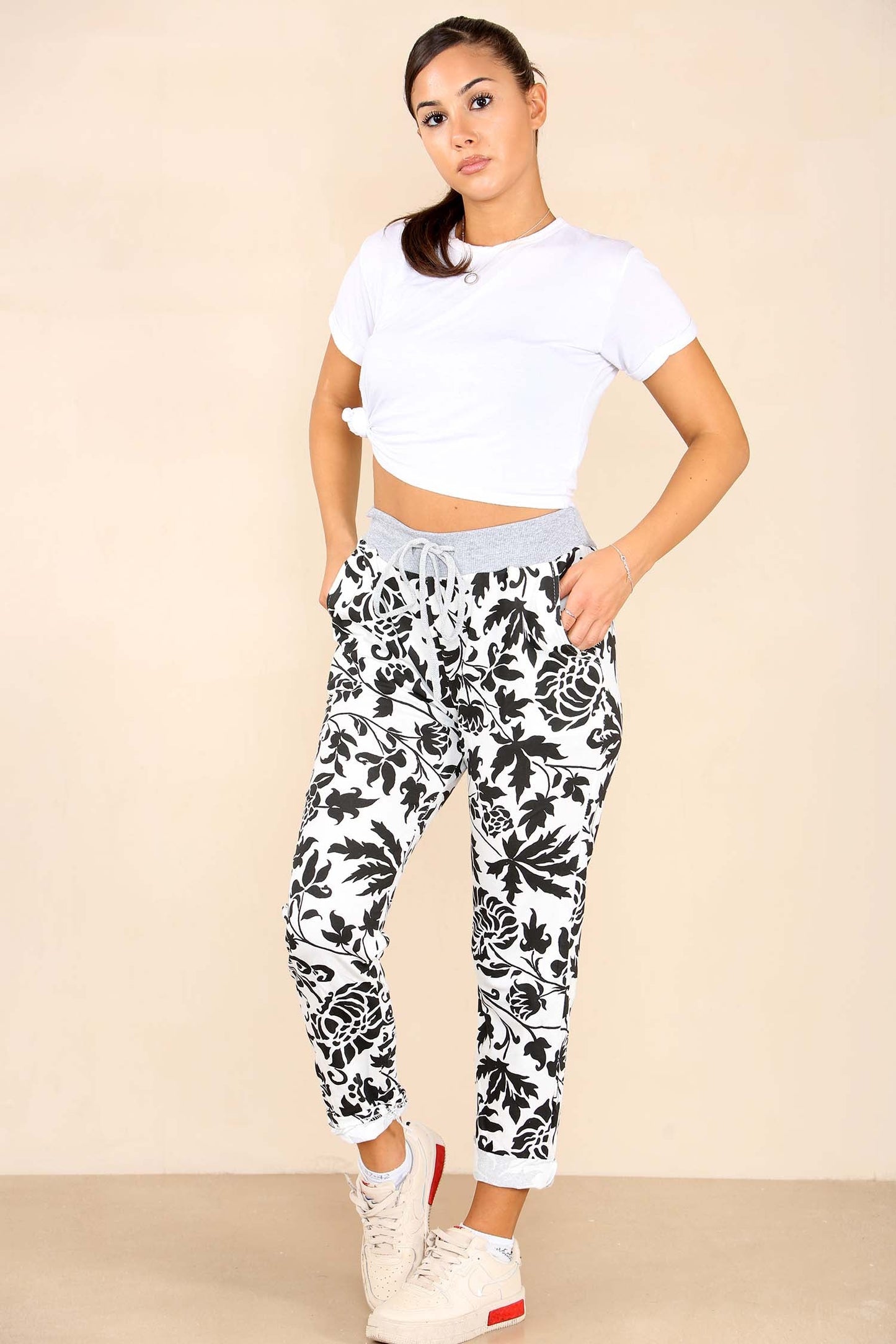 Italian Leaf Print Drawstring Cotton Joggers
