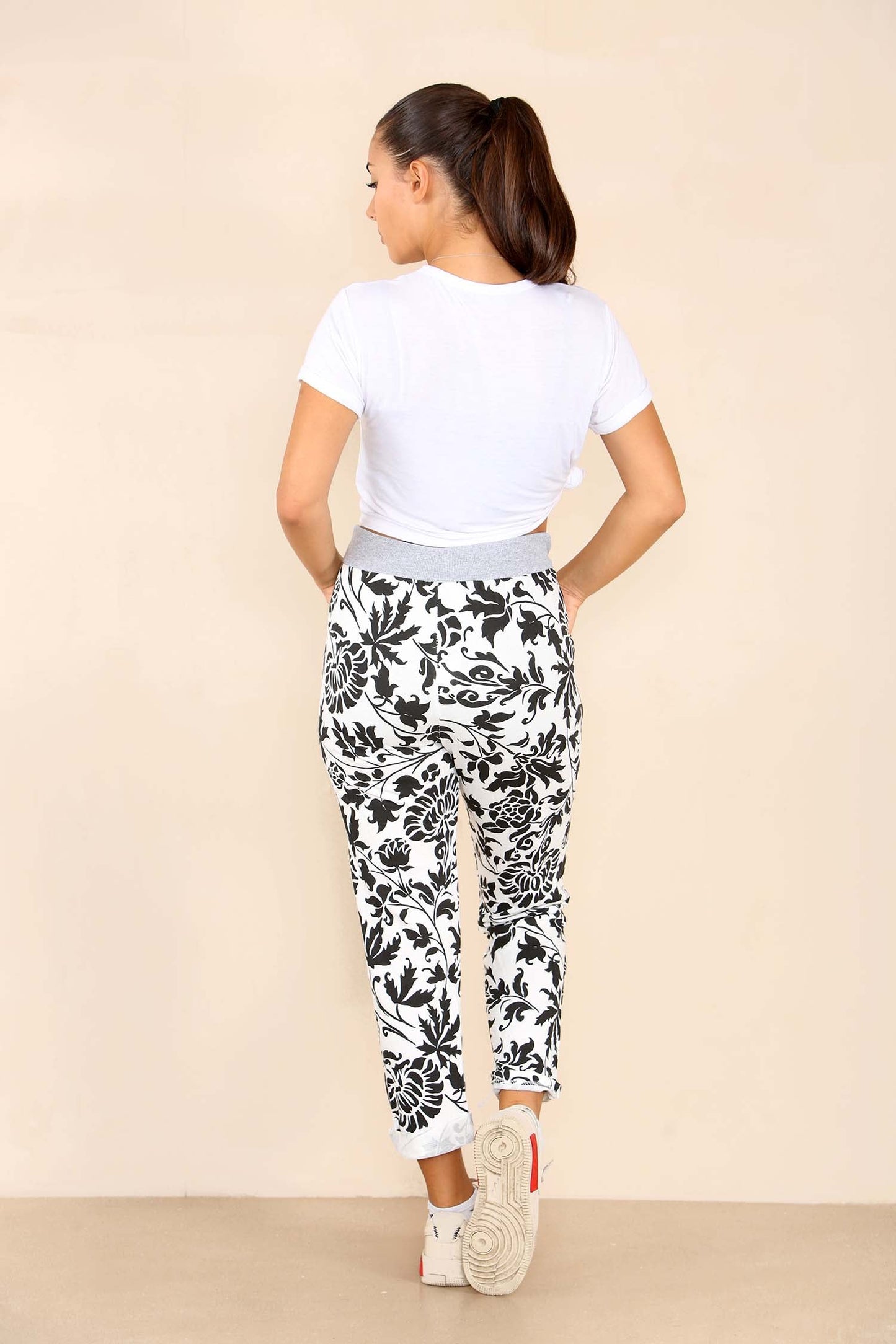 Italian Leaf Print Drawstring Cotton Joggers