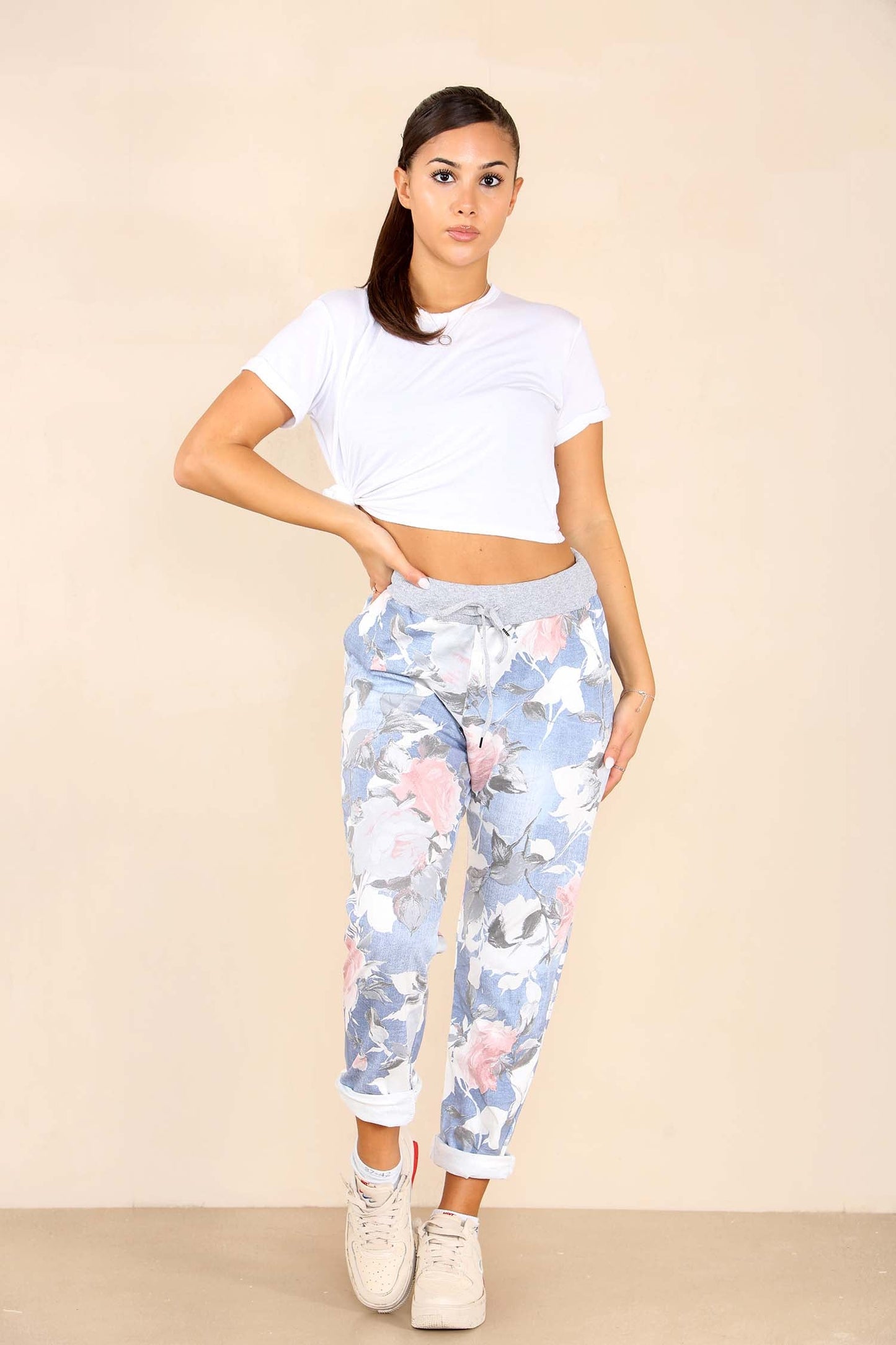 Italian Rose Flower Print Drawstring Cotton Joggers