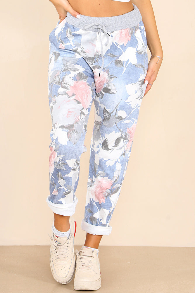 Italian Rose Flower Print Drawstring Cotton Joggers