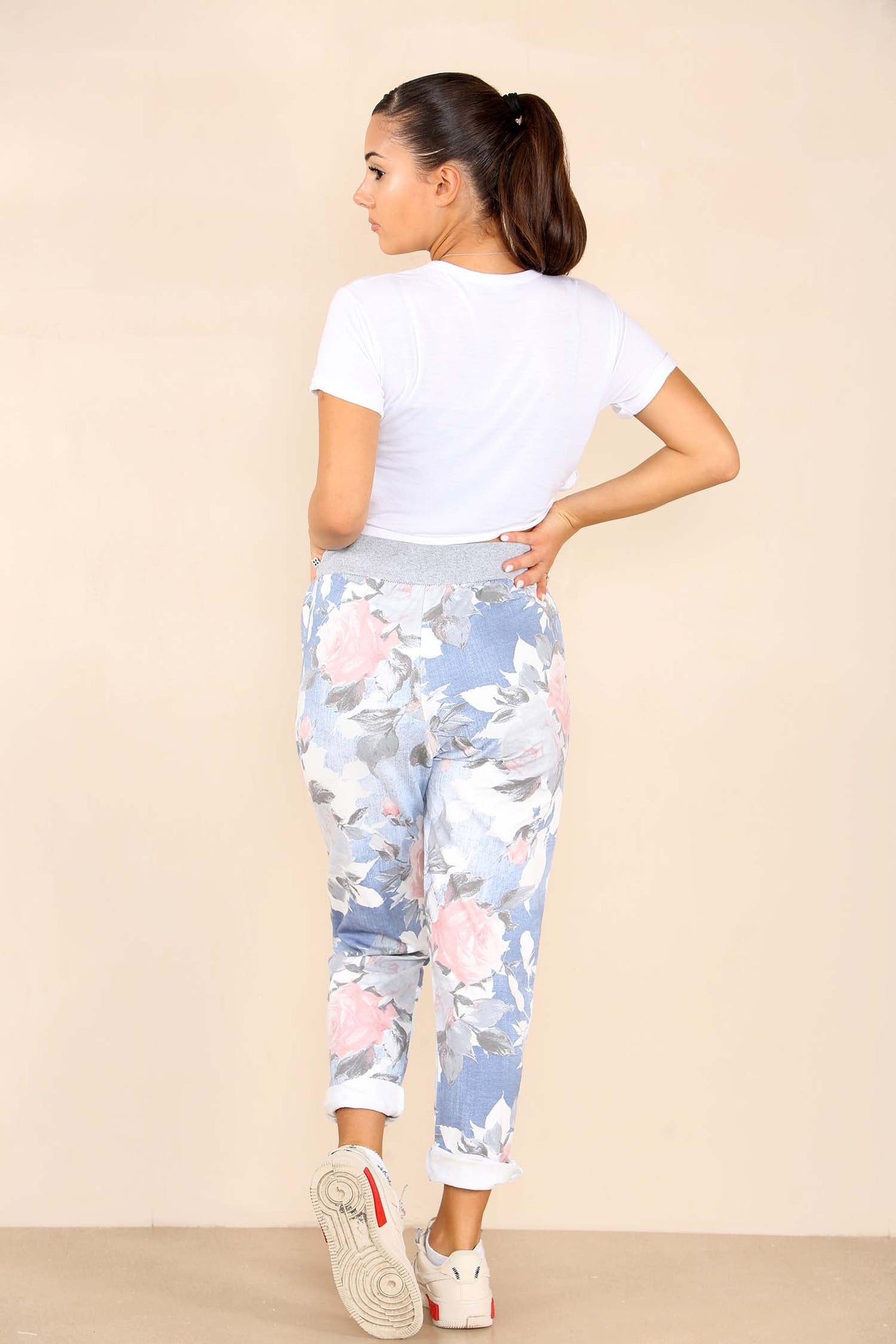 Italian Rose Flower Print Drawstring Cotton Joggers