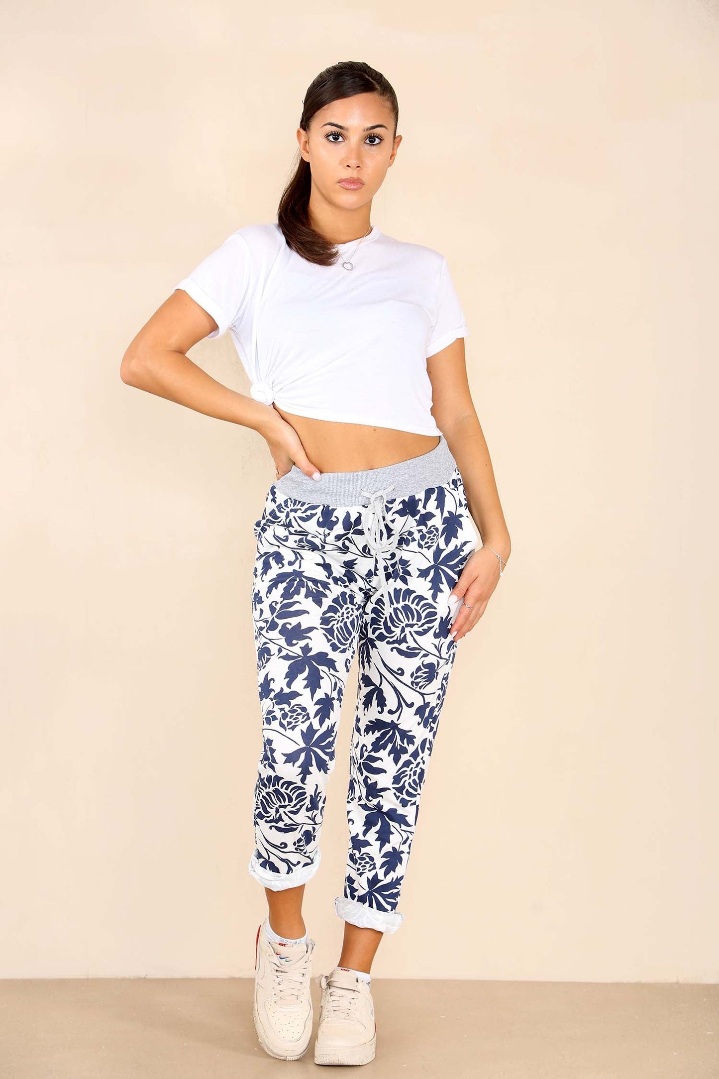 Italian Leaf Print Drawstring Cotton Joggers