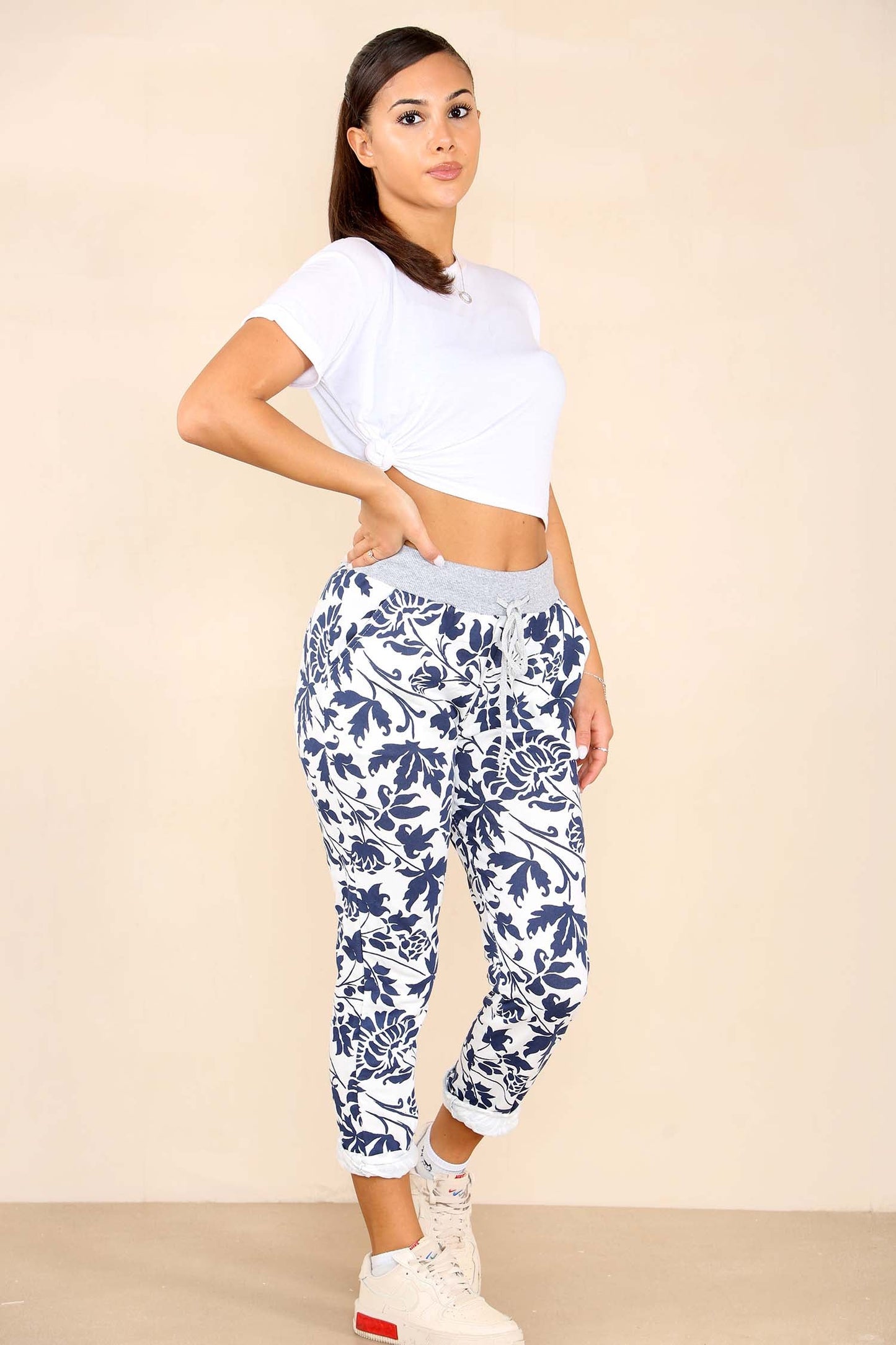 Italian Leaf Print Drawstring Cotton Joggers