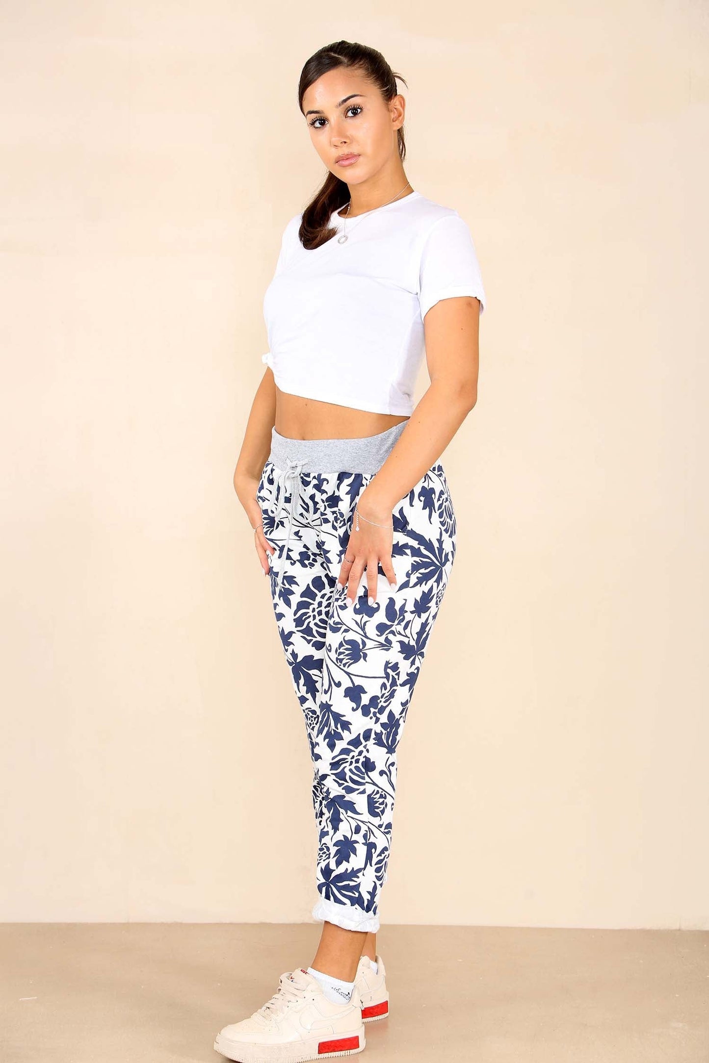 Italian Leaf Print Drawstring Cotton Joggers