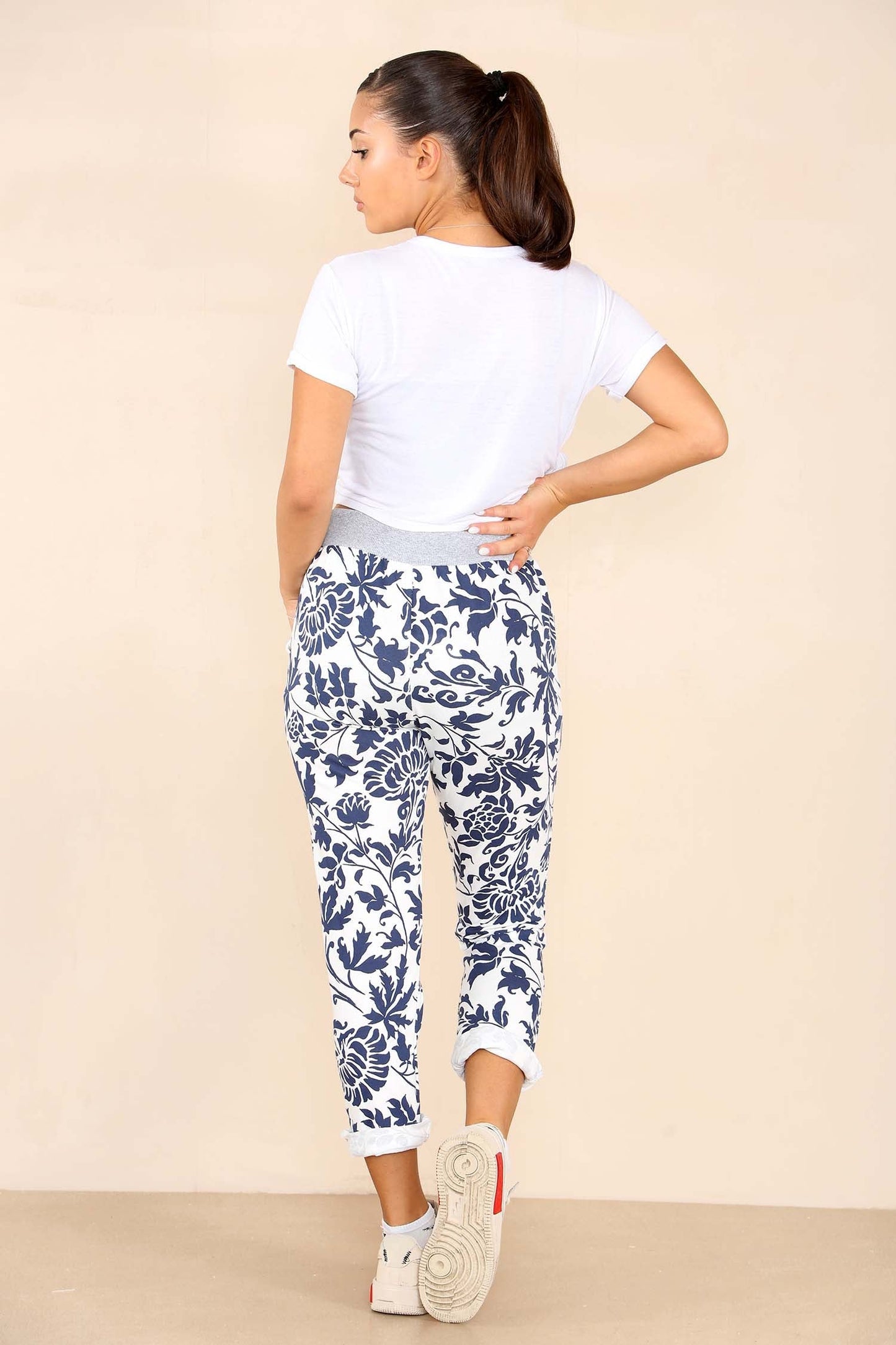 Italian Leaf Print Drawstring Cotton Joggers