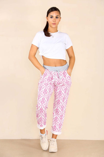 Italian Floral Texture Print Drawstring Cotton Joggers